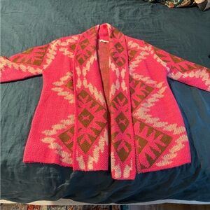 Woven Heart Pink and Brown Geometric Cardigan
